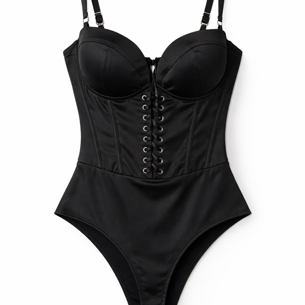 Oh Polly Black Lace-Up Corset Bodysuit • Underwire Bodice • Adjustable Straps